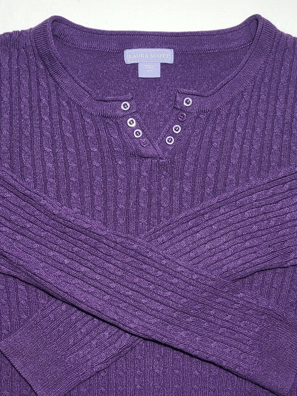 Laura Scott Deep Purple Cable-Knit Henley Sweater
